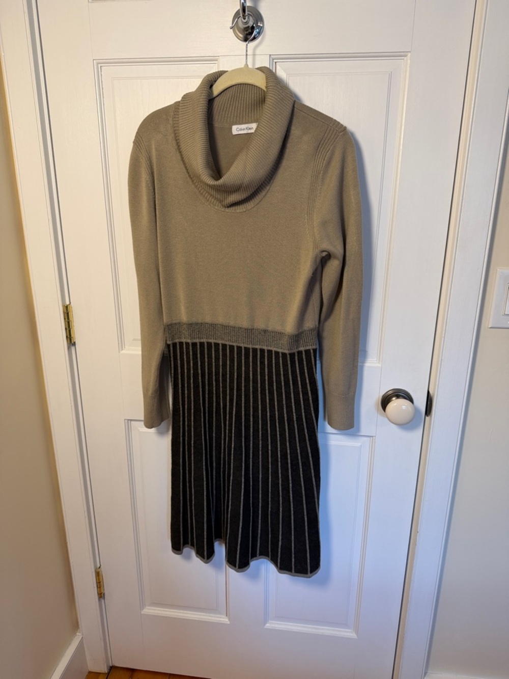Calvin Klein Ribbed Knit Sweater Dress in Taupe & Black
